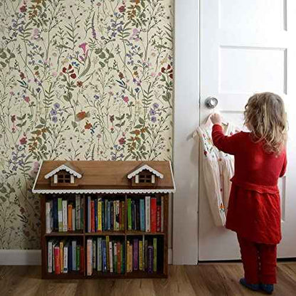 JiffDiff Floral Wallpaper Peel and Stick- 118" x 17.3" Farm Floral Wall Paper Wildwood Daisy Self Adhesive Stick On Wallpaper Removable Contact Paper (Mustard)