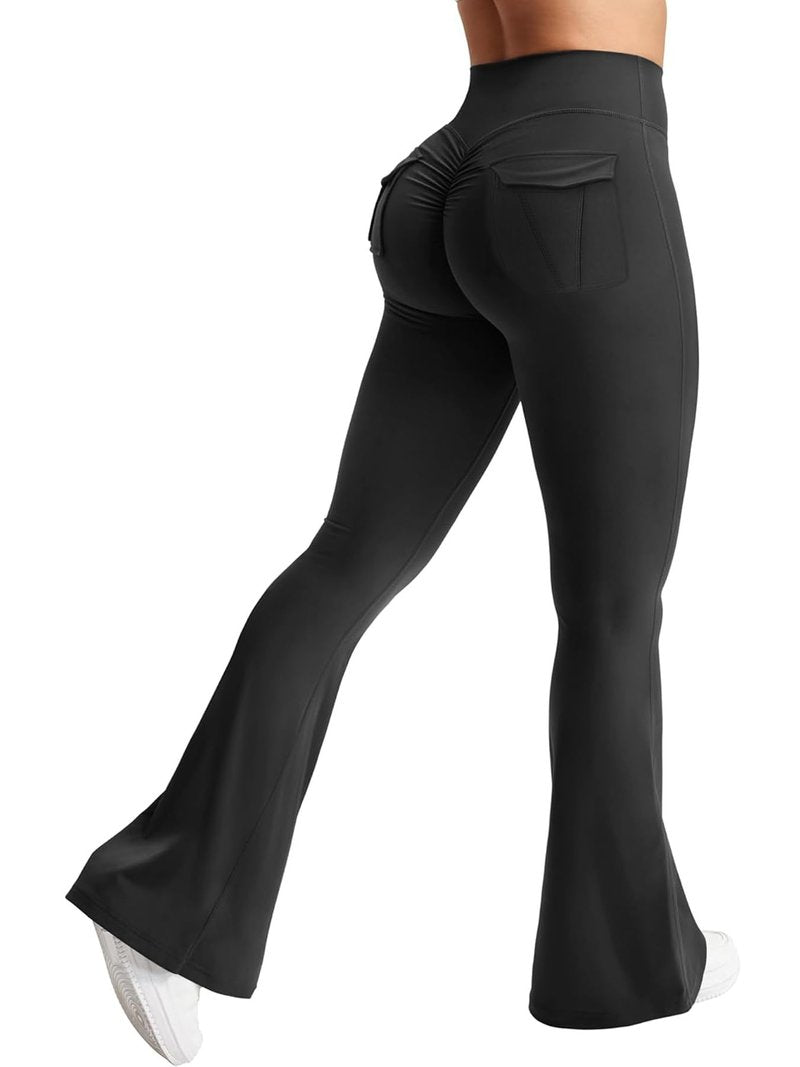 HiBwoBwo Women's Flare Leggings with Pockets High Waisted Scrunch Workout Leggings Butt Lifting Bootcut Yoga Pants Black