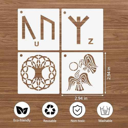 48 Pcs Runes Stencils for Painting on Wood, 3x3 Inch Small Viking Symbol Tree of Life Reusable Painting Template for Wood Burning, Crafts Drawing Stencil for Spray Painted Card Canvas Wall Decor