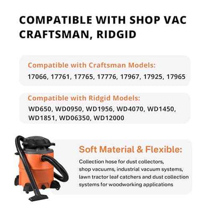 10Ft. Extension Hose Replacement for Shop Vac, Craftsman, Ridgid Wet & Dry Vacuums WD650 WD0950 WD1956 17761 17965 17776, Dust Collection Hose, Wet & Dry Vaccuum Hose Accessories