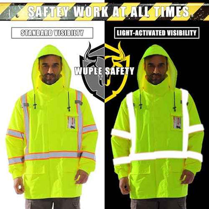 Men's Hi Vis Rain Jacket & Safety Rain Coat Waterproof Lightweight with Hood, Class 3 Reflective Adult Yellow Work Rain Jacket (L/XL)