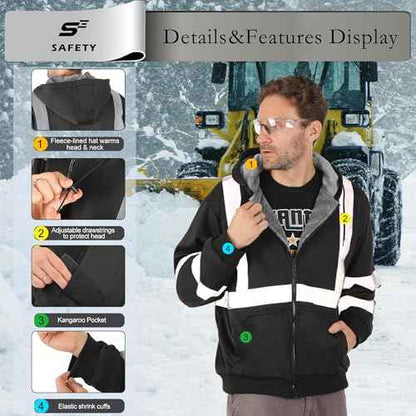 sesafety High Visibility Safety Hoodie for Men Fleece Lined ReflectiveZip up Sweatshirt Class 3 Heavy Duty Hi Vis Jacket