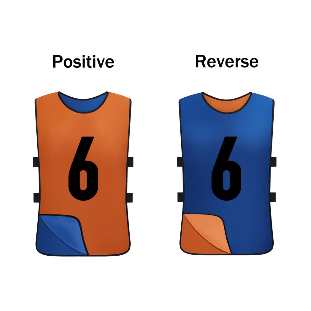 Saaifuu 12 Pack Reversible Numbered Pinnies, Double Sided Scrimmage Vest,Team Practice Jerseys for Kids and Adult(Orange/Dark Blue, M)
