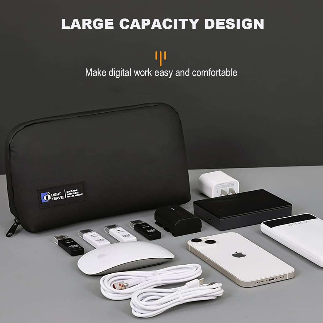 FADASTON Electronics Organizer Bag, Travel Digital Storage Pouch for Cable, Cord, Earphone, USB Flash Drive, Power Bank, Hard Drive, Portable Tech Travel Case with Multi-Compartment (Black)
