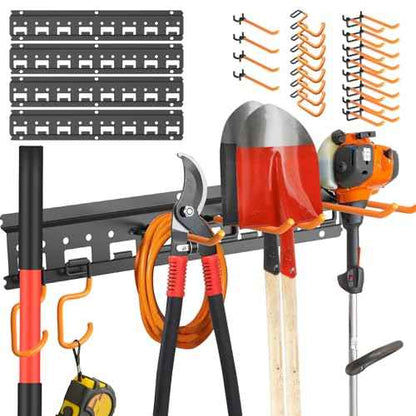 Garden Tool Organizer Wall Mount - Garage Storage and Organization Yard Tool Hanger with Adjustable Pegboard Hooks Shed Rack for Broom Mop Shovel Rake Trimmers, 64 inch Max 750lbs, Black