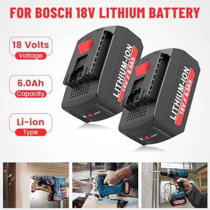 2-Pack 6.0Ah 18V Lithium Battery BAT609 and Battery Charger Kit Compatible with Bosch