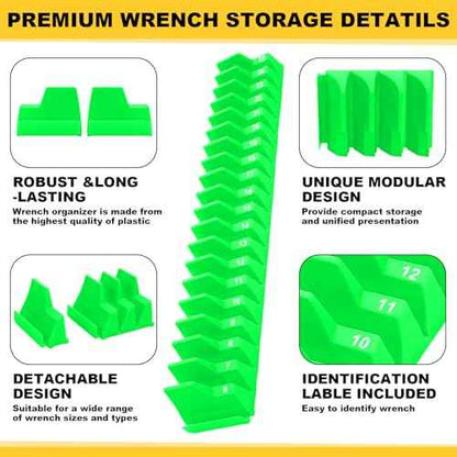 Chunful 100 pcs Modular Wrench Organizer Holder Wrench Tool Organizers Storage Racks Set with Metric & SAE Label for Tool Box Drawer Storage for Father Brother Professional Mechanics Men (Green)