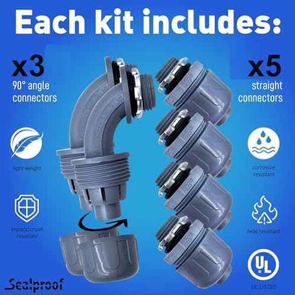 Sealproof 1/2-Inch Non-Metallic Liquid-Tight Conduit and Connector Kit, 50 Foot Made in USA Flexible Electrical Conduit Type B with 5 Straight and 3 90-Degree Conduit Connector Fittings, 0.5" Dia