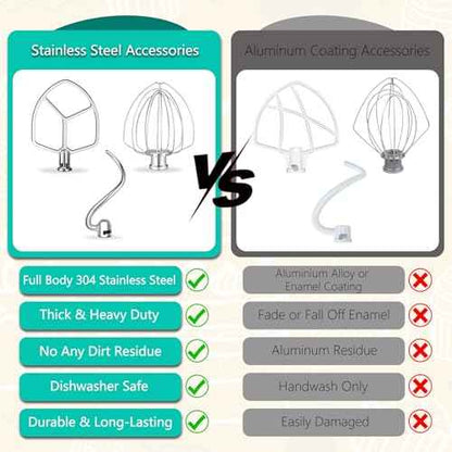 Stainless Steel Replacement Accessories Kit for Kitchen Aid 6QT Bowl Lift Stand Mixer, Includes Flat Beater Paddle, 6 Wire Whisk, Dough Hook, Fits for KP26, KL26, KB26, KSM60