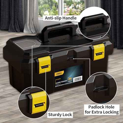 Deli Tool Box, 18 in Portable Toolbox,Plastic Tool Box with Handle,Double Locking Tool Storage Box with Removable Tray,Heavy Duty Toolbox Organization for Home, Workbench and Garage