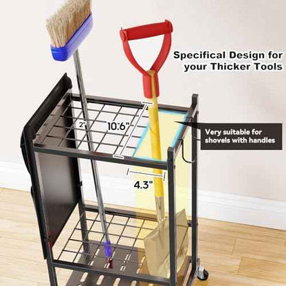 SUFAUY Garden Tool Organizer, Rolling Heavy-Duty Garage Tool Stand, Yard Storage Rack with Casters and Hooks, Black