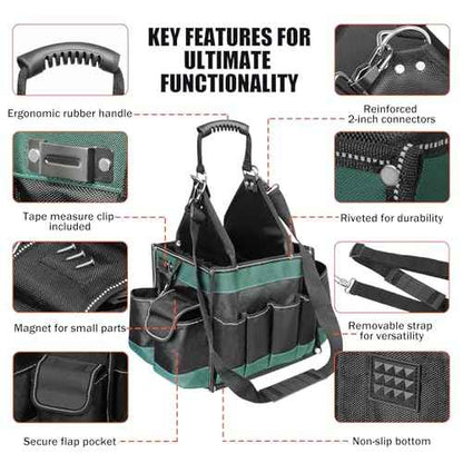 Open Top Tool Bag 15 Inch, Electrician Tool Bag with 22 Pockets, 25L Tool Bags for Men with Shoulder Strap & Reflective Strips, 1680D Waterproof Fabric, Green
