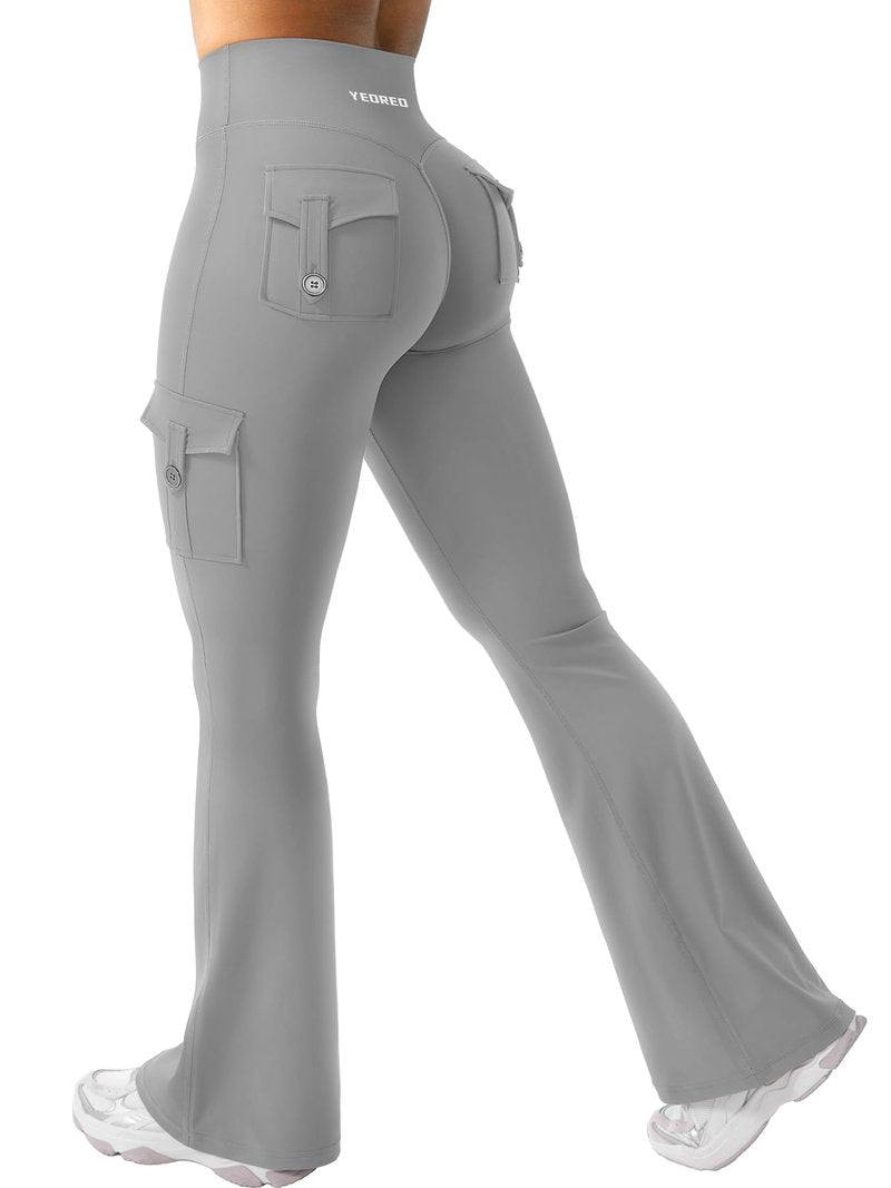 YEOREO CoreFlex Women Workout Flare Leggings with Pockets Hidden Scrunch High Waisted Cargo Gym Yoga Leggings Light Grey XS