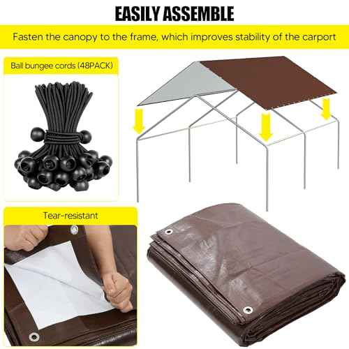 10 x 20 Ft Carport Replacement Canopy Cover Garage Top Tent Shelter Tarp with Free 48 Ball Bungee Cords,Brown (Only Cover, Frame Not Include)