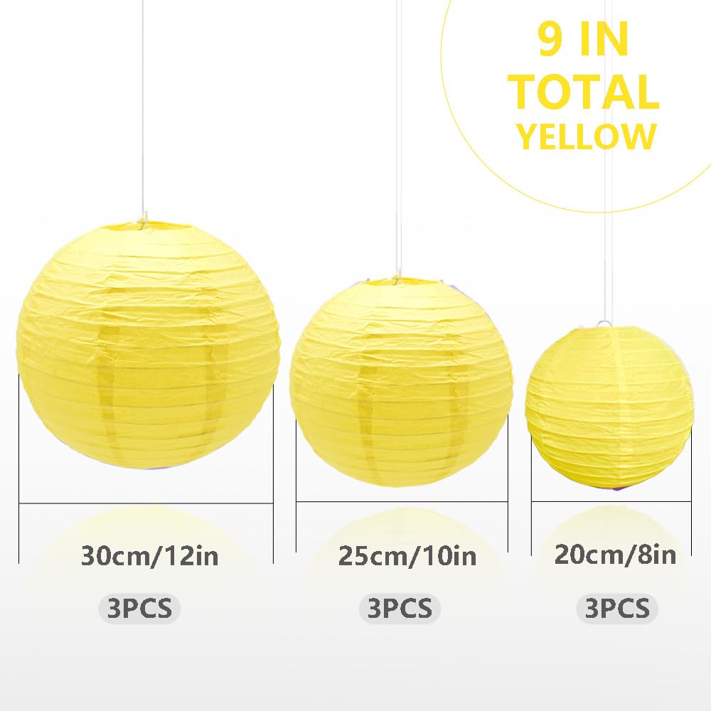 Hocansen 9Pcs Yellow Round Hanging Paper Lanterns 8/10/12in Chinese Lanterns for Birthday Wedding Home Party Wedding Home Decor Decoration(DLZ/Yellow)
