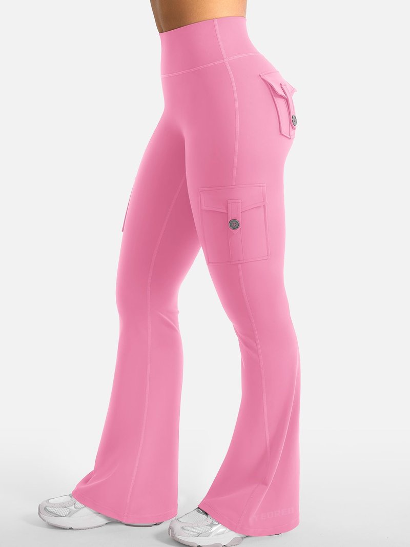 YEOREO CoreFlex Women Workout Flare Leggings with Pockets Hidden Scrunch Cargo Gym Yoga No Front Seam Leggings Pink XXL