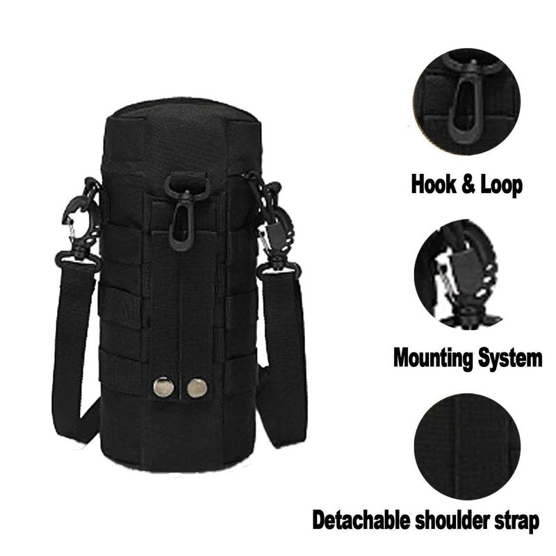 LFWATAXY Tactical Water Bottle Pouch, Tactical Backpack Attachment Pouches Water Bottle Pouch Zipper Water Bottle Bag Water Bottle Holder with Strap Hiking Camping Outdoor Travel (Black)