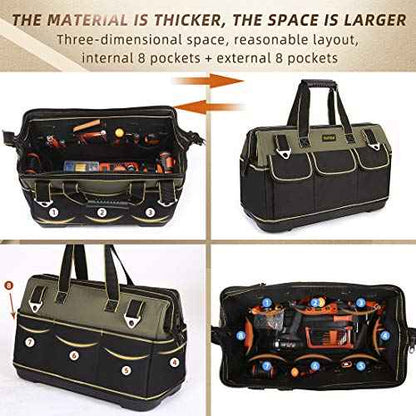 FASTECH 20-inch Wide Mouth Tool Bag with Water Proof Molded Base£¬Wide Mouth Tool Tote Bag,Waterproof Tool Organizer Bag for Men with Adjustable Shoulder Strap (20 inch)