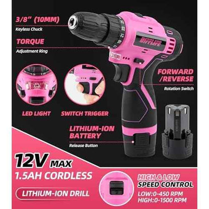 147 Piece Pink Power Drill Drivers Tool Set with 12V Cordless Drill, Professional Household Home Tools Kit Set, DIY Pink Electric Drill Cordless Hand Tool Box for Women