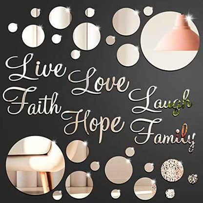 Zonon 3D Acrylic Mirror Wall Decor Stickers 6 Word DIY Faith Live Laugh Hope Love Family Mirror Wall Decor 26 Solid Circle Stickers for Home Bedroom Office(Silver)