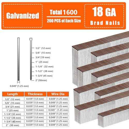 18 Gauge Galvanized Brad Nails Brown T-head 8 Sizes 1600-Pack (1/2"+5/8"+3/4"+1"+1-1/4"+1-1/2"+1-3/4"+2"), 200 per size Assorted Size Project Pack, for Pneumatic, Electric 18GA Brad Nailer Gun