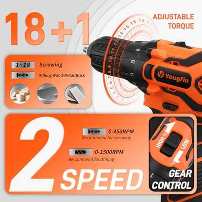 YOUGFIN Tool Kit with Drill 12V, Home Tool Set with Cordless Drill for Men, Power Drill Tool Box with 195 Pieces Household Hand Tools for Office (with 2.0Ah Battery & Charger)