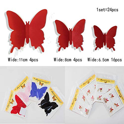 24Pcs 3D Butterfly Removable Mural Stickers Wall Stickers Decal for Kids Girls Baby Women Bedroom Bathroom Living Room Decor(red)