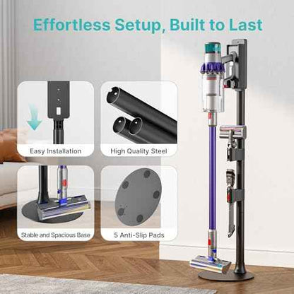 Vacuum Cleaner Stand, Compatible with Dyson Gen5 V15 V12 V11 V10 V8 V7 V6, Vacuum Holder with 2 Removable Accessory Clips, Cordless Vacuum Attachment Organizer with Built-in Cable Slot, Black
