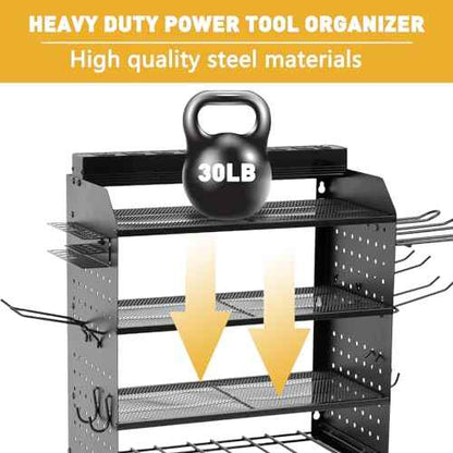 Modular Power Tool Organizer Wall Mount with Charging Station,8 Outlets,4-Layer,6 Drill Holders,4 Hooks,Metal drill holder wall mount,6.5ft Cord,Garage,Workbench,Workshop,Black