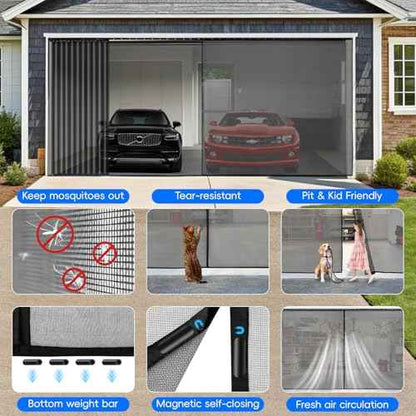 Sliding Garage Door Screen with Track for 2 Car,16 * 7 FT Garage Screen Door Retractable Privacy Garage Door Curtain Keep Annoying Animals Out,Heavy Duty Fiberglass Mesh Sliding Garage Screen