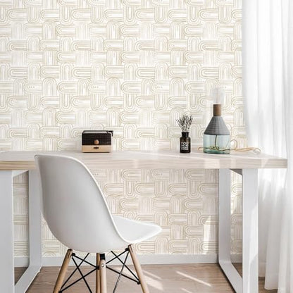 Beige Peel and Stick Wallpaper Boho Contact Paper 17.3"x120" Modern Geometric Abstract Wall Paper Removable Self Adhesive Wallpaper for Bedroom Bathroom Cabinet Decor Vinyl