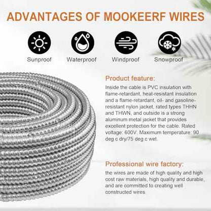 14/2 MC Cable with Ground - 50FT Pure Copper 14AWG/2 Metal Clad Wire with Aluminum Armor 14 Gauge 2 Conductor Type MC Alum Cable