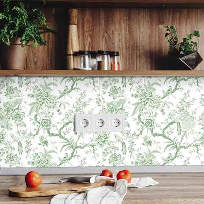 Chinoiserie Peel and Stick Wallpaper Removable Self Adhesive Wallpaper Floral Birds Contact Jacobean Vintage Contact Paper for Bedroom (Green,118.1" X 15.75")