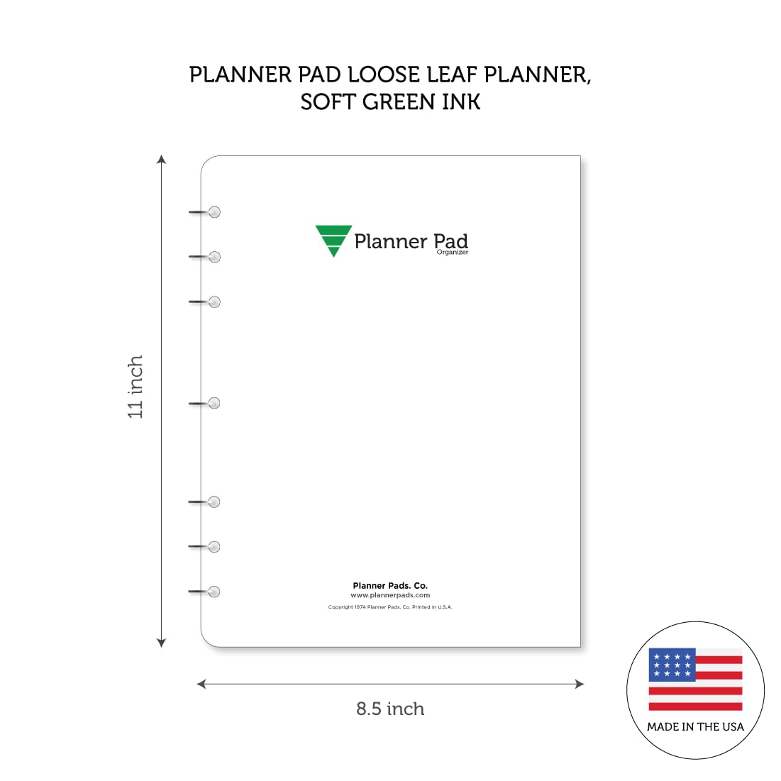 Planner Pad 7 Hole Loose Leaf January-December 2026/ Calendar Year 8 1/2" x 11" Large 3-Tier Funnel Down 12 Month Organizer, Soft Green Ink