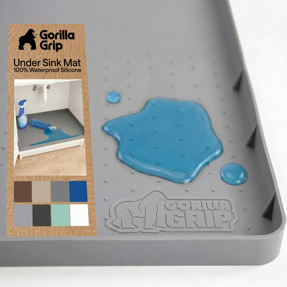 GORILLA GRIP Waterproof Silicone Under Sink Mat with Raised Lip for Kitchen and Bathroom, Cabinet Shelf Liner Stay in Place Mats Dishwasher Safe Drawer Liner, Organizer Tray, 19 x 22 in, Gray