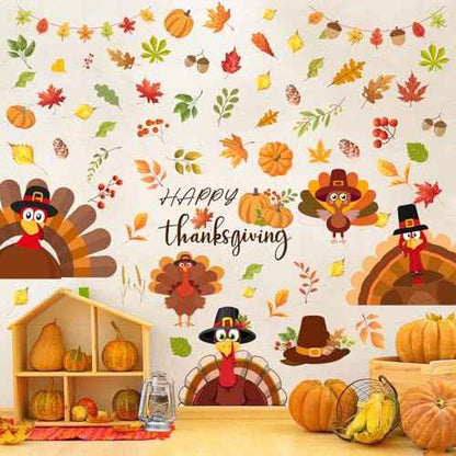 ReliThick 6 Sheets Thanksgiving Wall Decals Turkey Pumpkin Maple Leaves Stickers Thanksgiving Peel and Stick Fall Decor for Home Bedroom Bathroom Wall Door Window Decor