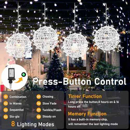 Outdoor Christmas Balls Lights Tree Lights Waterproof, 4 Pack 11.81" LED Hanging Globe Sphere Lights with 8 Lighting Modes Memory Timer Plug for Party Wedding Xmas Porch Patio Garden Yard Decorations