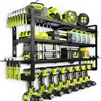 Large Power Tool Organizer Wall Mount, Garage Storage Cordless Tool Organizer with Screwdriver Holder, Heavy Duty Metal Storage Rack with 8 Drill Holder 4 Layer darkblack (darkblack)