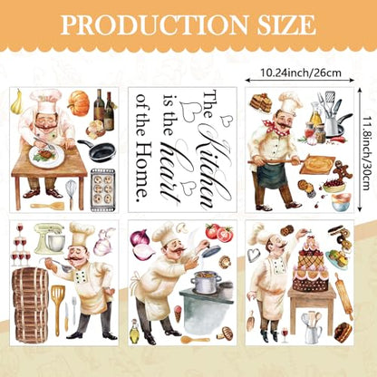 Chinco Chefs Peel and Stick Wall Decals Italian Fat Chefs Cooking Wall Sticker Wine Cake for Kitchen Restaurant Dining Room Home Decoration, 6 Sheets