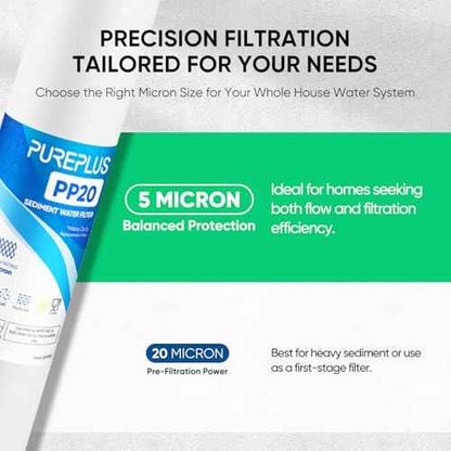 PUREPLUS 5 Micron 20" x 2.5" Whole House Sediment Home Water Filter, 20-inch Sediment Pre-Filtration, Replacement Cartridge Aqua Pure AP110-2C, Pentek P1-20/SP-P1-20/PX01-20, Watts FPMB5-20, 6Pack
