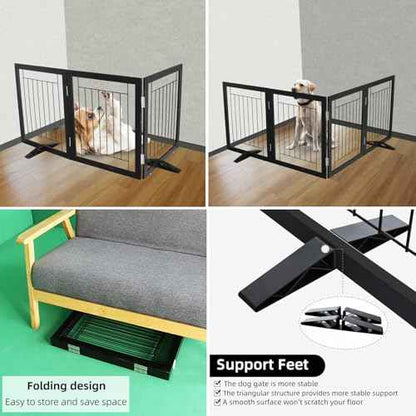 ZJSF Freestanding Dog Gate Indoor, Foldable Dog Fence for Doorways,Hallways or Stairs, Sturdy Wood Extra Wide Pet Gate with Support Feet,Black,24 "Height-3 Panels