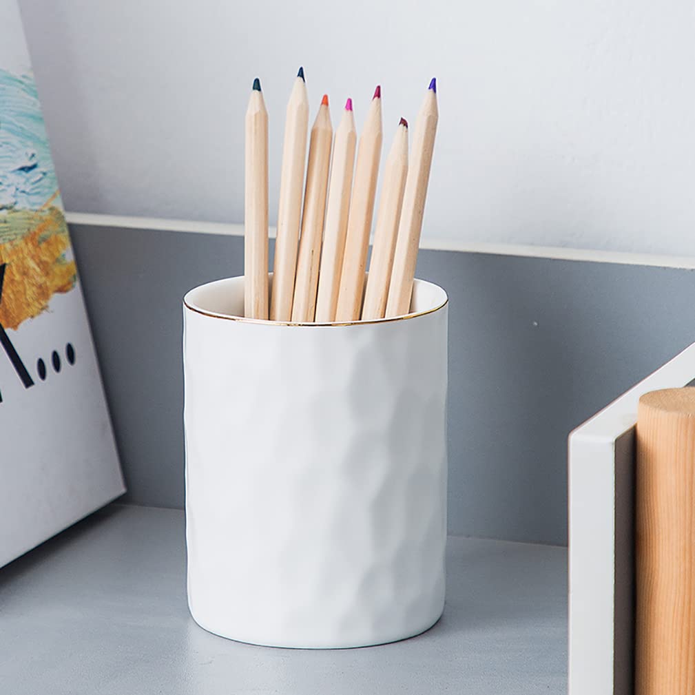 Aewill Ceramic Pen Holder Stand Cup Pencil Holder Organizer Makeup Brush Holders for Home Office Desk (White)