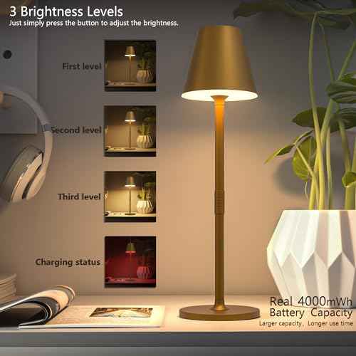 LED CordlessTable Lamp,4000mAh Rechargeable Battery Desk lamp,3 Level Brightness Beside Night Light, Minimalist Design, for Couple Dinner/Coffee Table/Restaurant/Bedroom(Bronze 4PACK)