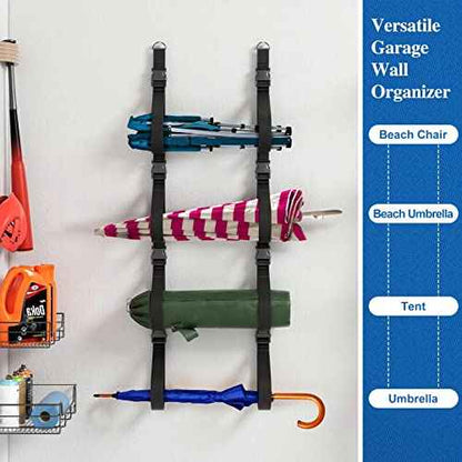 Camping Chair Wall Storage for Garage, Adjustable Garage Wall Storage Straps Wall Mounted with Quick Release Buckles, Hanging Garage Organization System Rack Holds More Beach Chairs, Umbrellas