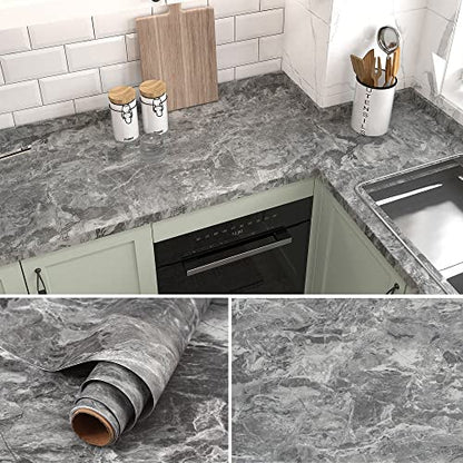 burgeliy 3D Grey Marble Vinyl Wrap Protector Auto Modification Wallpaper 15.8"x80" Classic Style, Waterproof, Heat-Resistant,Thickened Peel and Stick, Countertops, Cabinets, Self Adhesive Tint Film