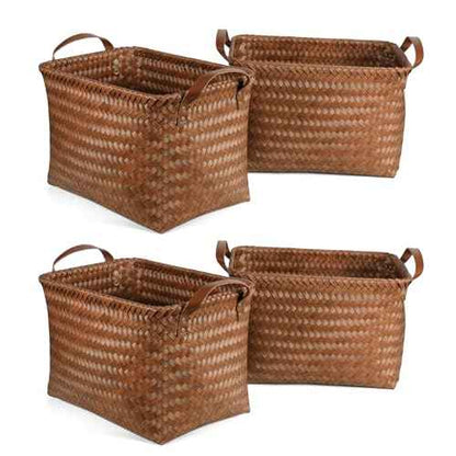 15L Laundry Baskets Waterproof Storage Baskets For Shelves Large Laundry Hamper With Leather Handle -set of 4 Cube Organizers Woven Bins for Bathroom,Bedroom,Pantry,Clothes,Car & Towels-Brown