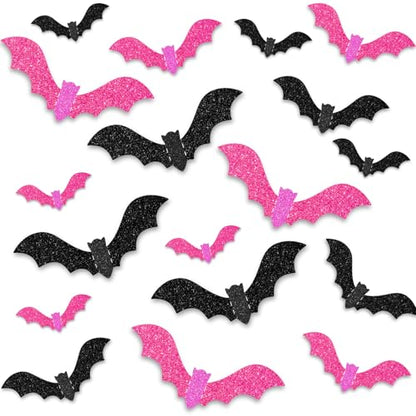 18 Pieces Halloween Bats Wall Decor, 3 Sizes 3D Glitter Pink Black Bats Stickers for Halloween Party Home Kitchen Bedroom Bathroom Decorations
