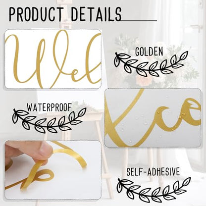 Welcome to Our Wedding Vinyl Sticker Decor for Wall Window Car Waterproof Marriage Reception Sign Ceremony Decal for Couples Spouse DIY Self-Adhesive (Gold-Welcome)