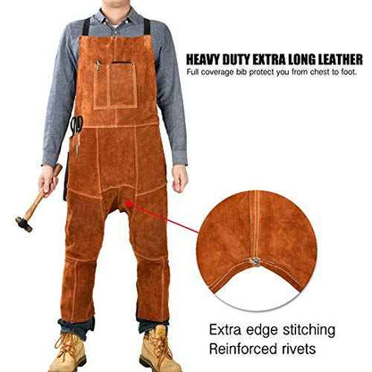 QeeLink Leather Welding Apron Split Leg for Men - Spark Flame Heat Resistant Bib Protective Chaps - Heavy Duty Cowhide Pants