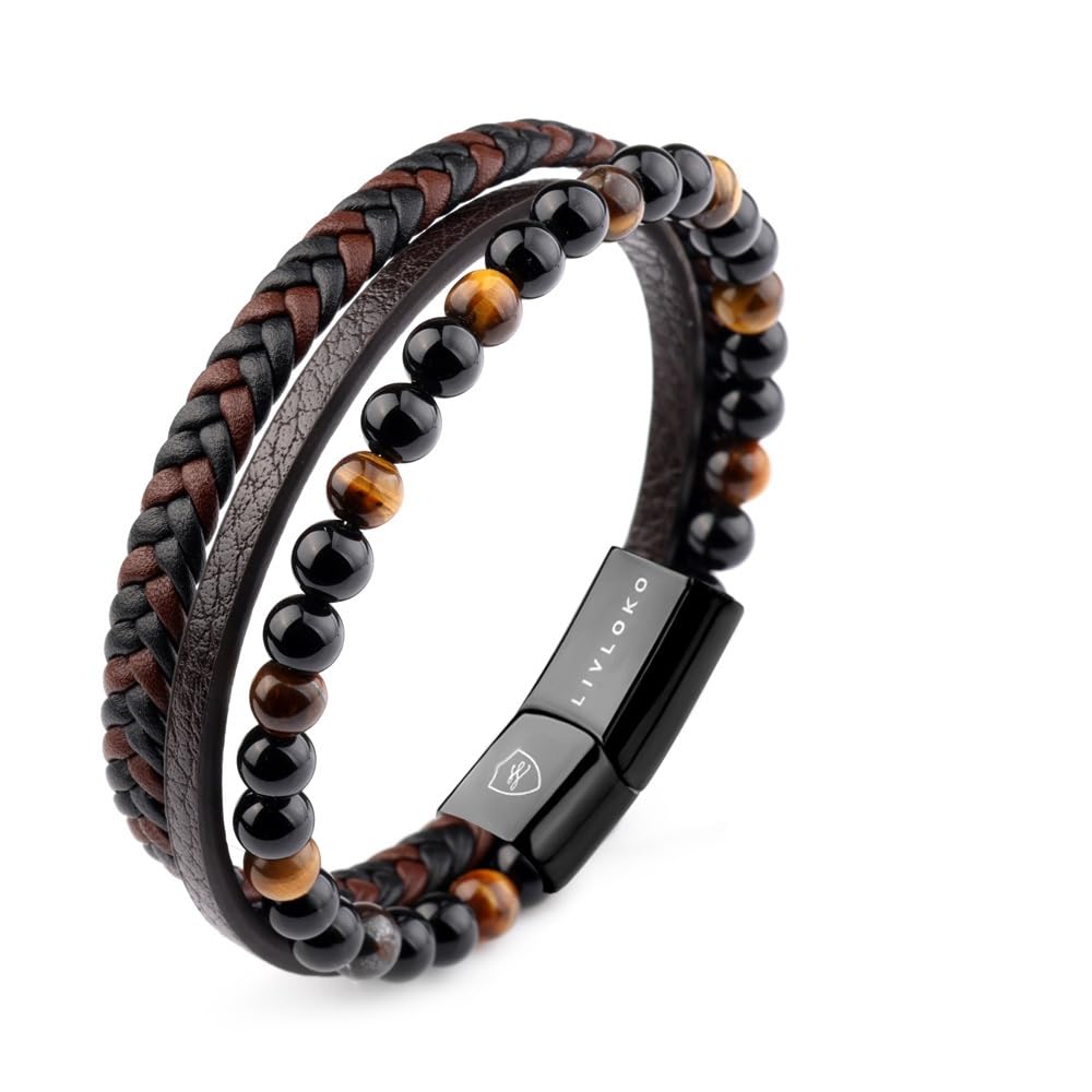 LIVLOKO Mens Bracelet Leather Black Multi-Layer Bracelet for Men Magnetic Clasp Rope Wristband Mens Gift for Boyfriend (Medium to Large 20-22cm, B. 19-22cm Black Brown Tiger-Eye Adjustable)